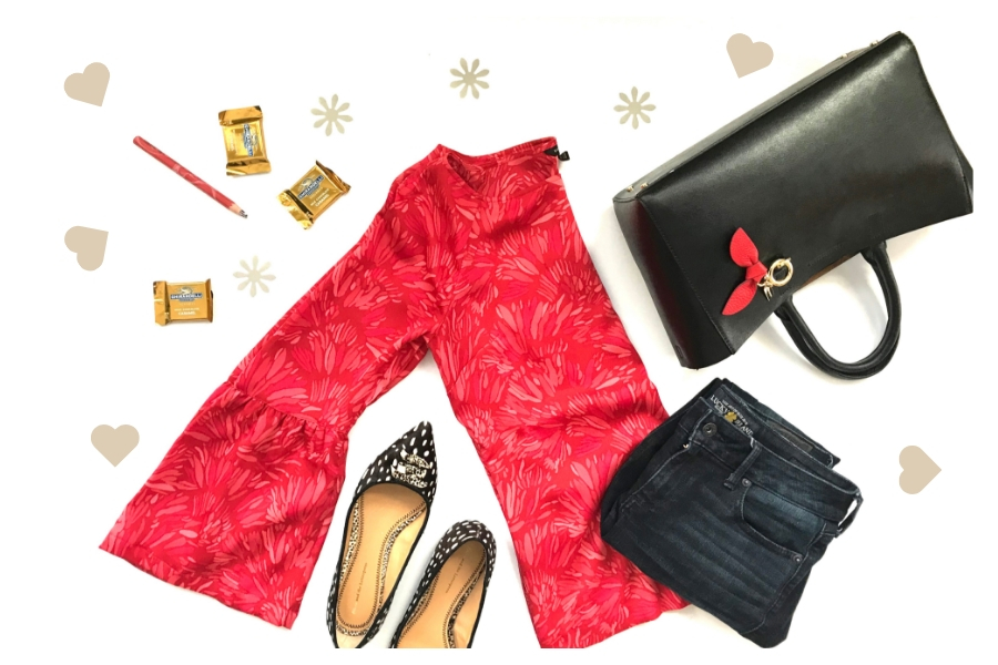 Red Blouse, Black Ballet Shoes, Dark Jeans