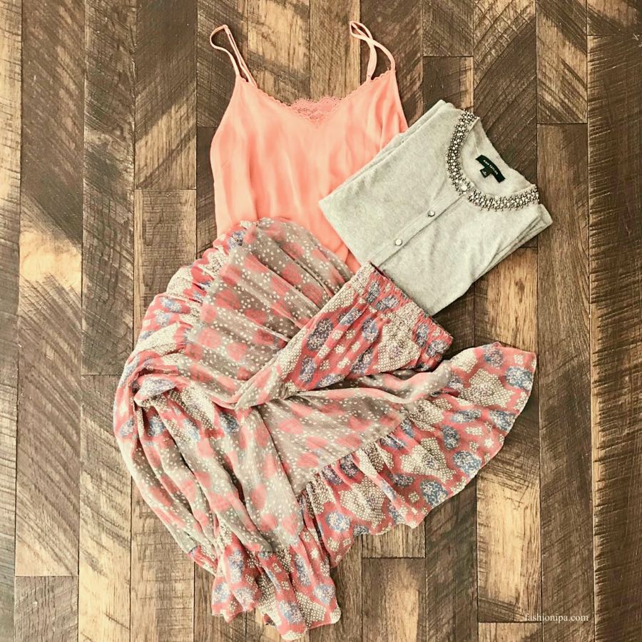 Silk printed skirt, silk camisole and gray beaded sweater flatlay. Winter To Spring Transition.