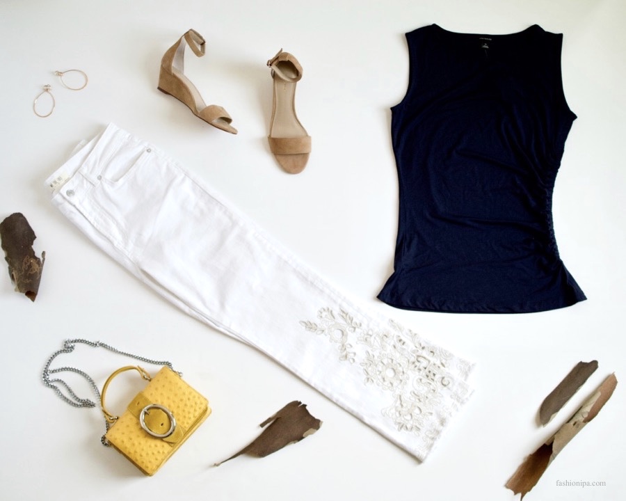White Jeans + Navy Ruched Tank + Tan Sandals + Yellow Bag