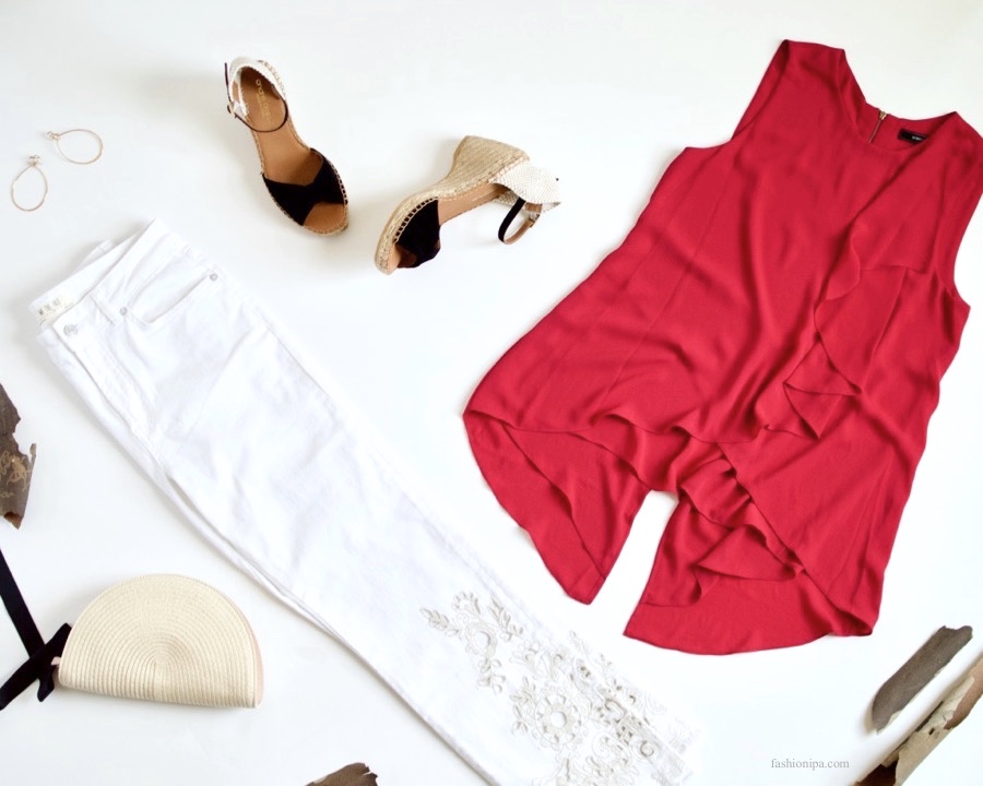 White Jeans + Pink Ruffle Blouse + Espadrilles + Straw Clutch