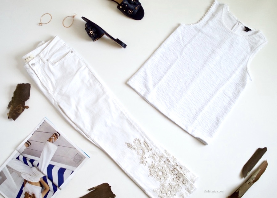 White Jeans + White Tank + Navy Slides
