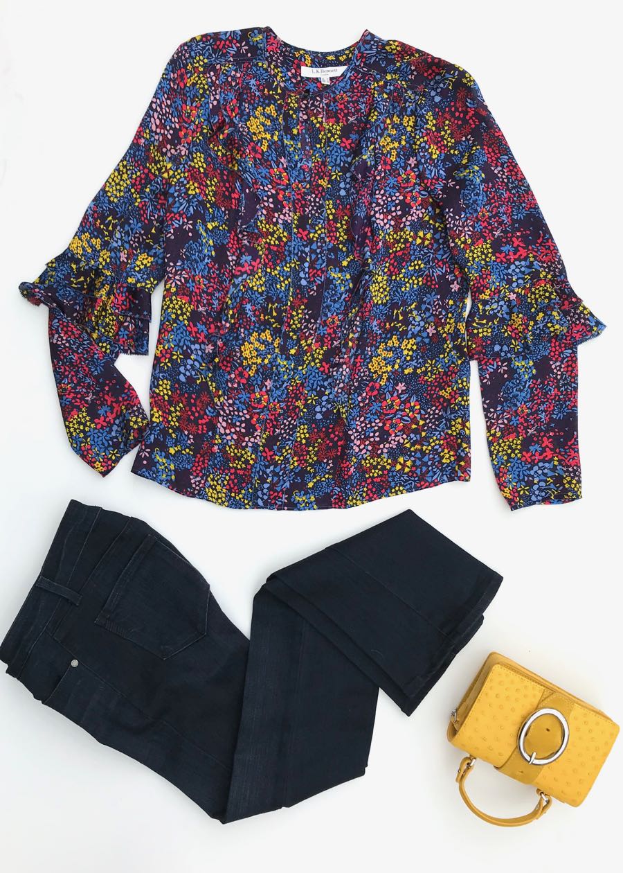 Multicolor Floral Blouse + Dark Jeans + Yellow Bag