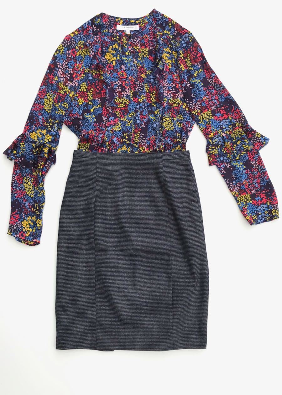 Multicolor Floral Blouse + Pencil Skirt + Kitten Heels