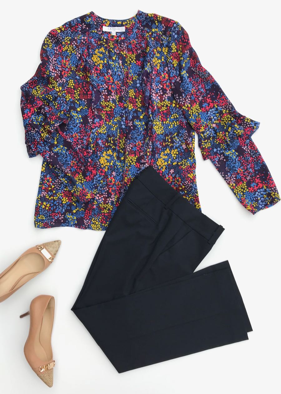 Multicolor Floral Blouse + Tailored Pants + Booties/Pumps
