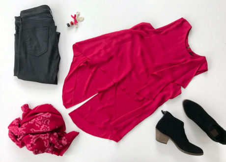 For your next date night try a pink blouse with black pants and booties.