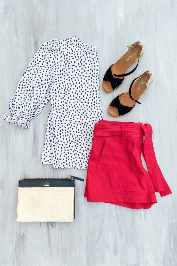 Polka Dot Print Blouse, Pink Shorts, Wedge Sandals, and Straw Clutch