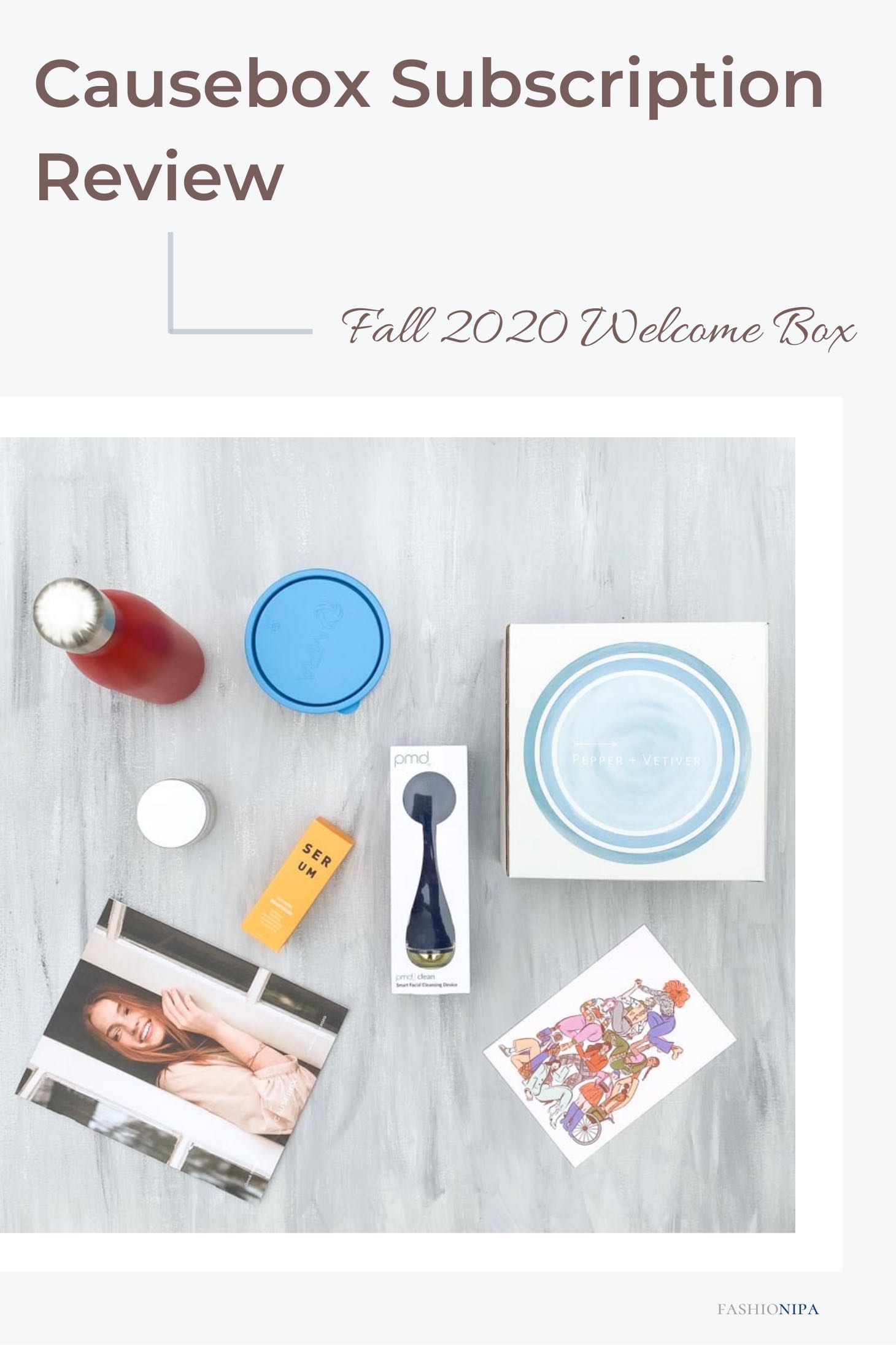 Causebox contents from Fall 2020 Welcome Box: S'well bottle, Mira container, PMD Clean, face serum, Volim scrub, and box of nesting bowls.  
