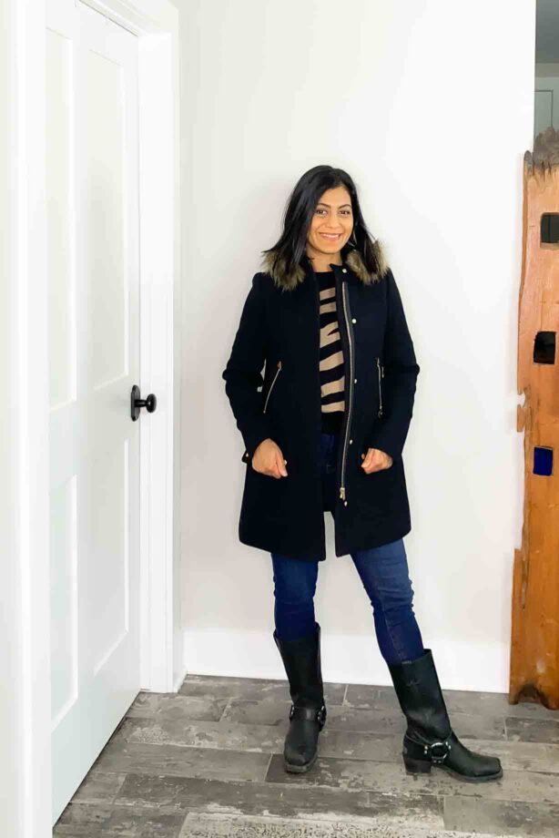 J.Crew Parka In Wool, Black/Tan Sweater And Skinny Jeans
