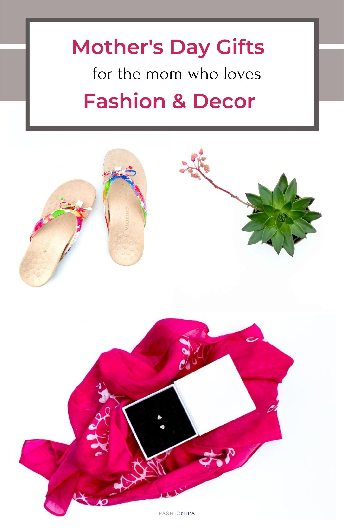 Images of sandals, a succulent, and diamond earrings in a box on top of a pink scarf.
