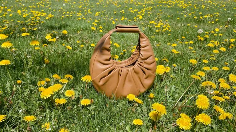 Staud Mini Soft Moon Bag in Mushroom on grass and dandelions