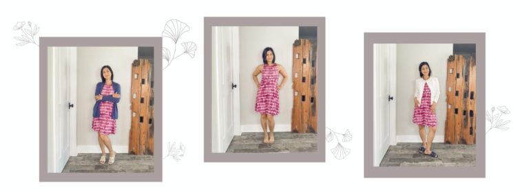 Fashionipa in a tie-dye print tank dress. Same dress with an open front cardigan and also a white jacket
