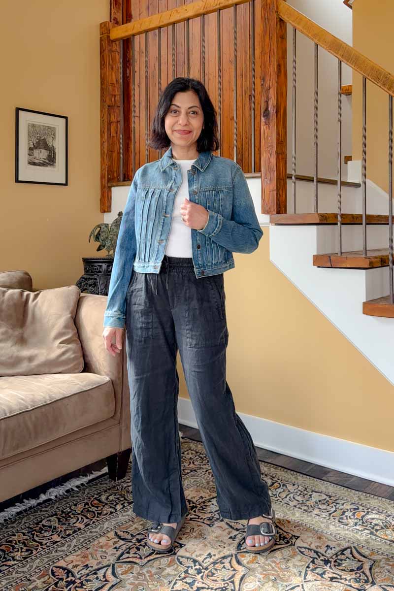 Fashionipa (Nipa) wearing a pintuck denim jacket with a white tee and black linen pants.