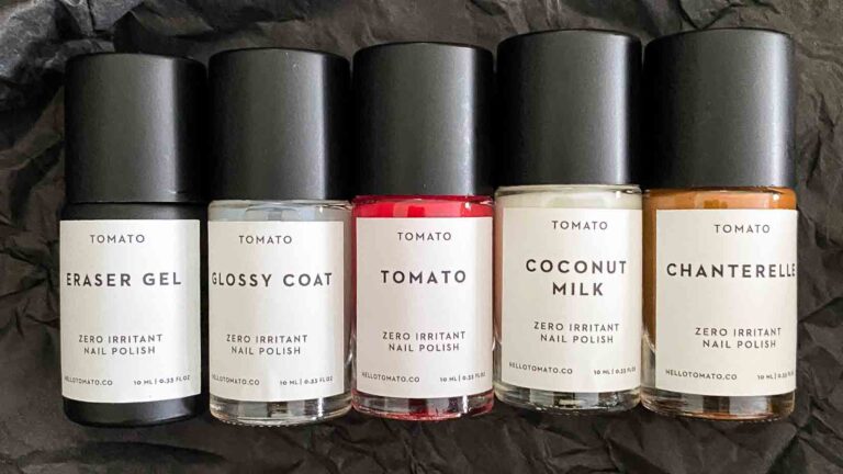 TOMATO eraser gel, glossy coat, tomato, coconut milk and chanterelle nail polishes