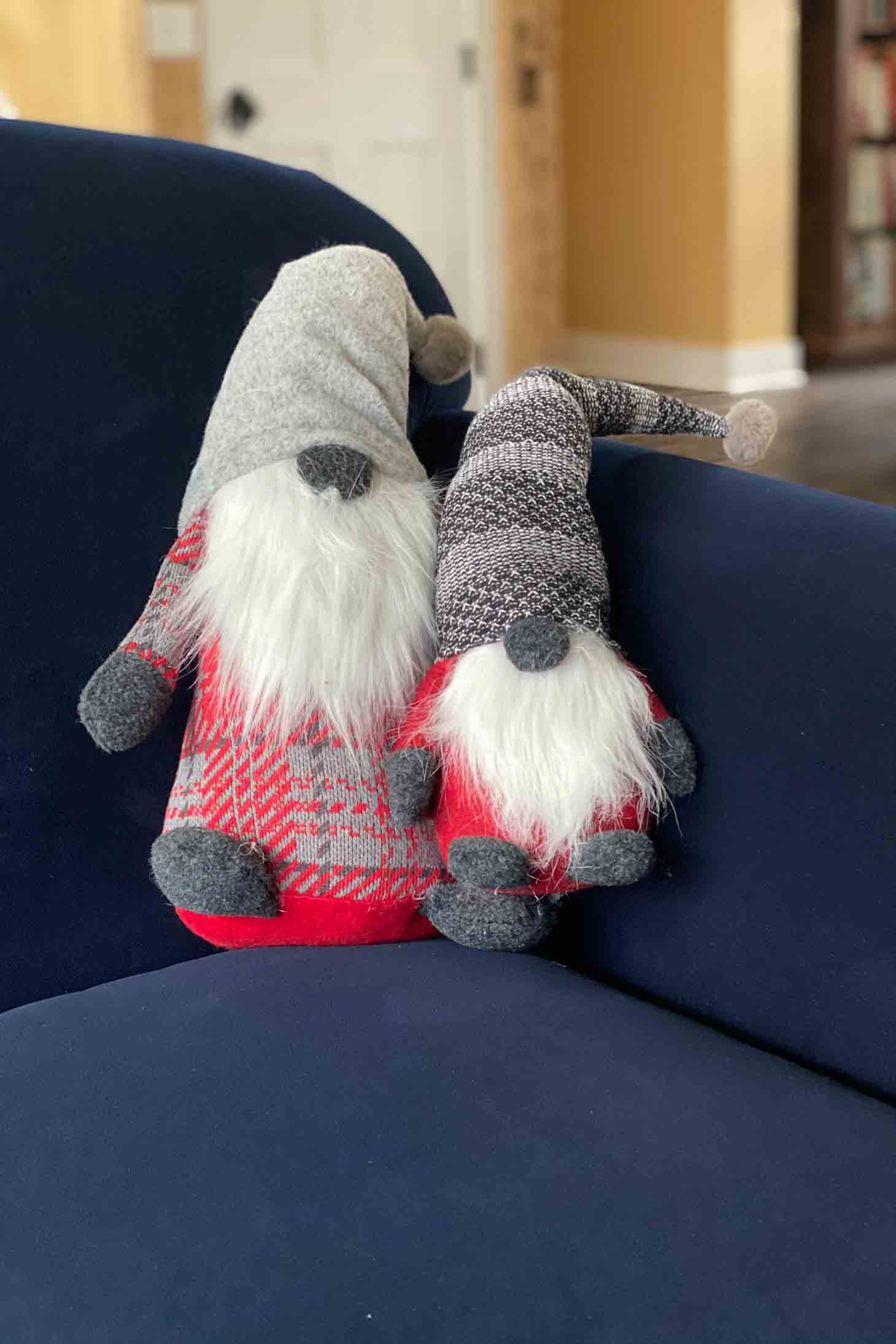 Plush Gnomes on a blue couch...