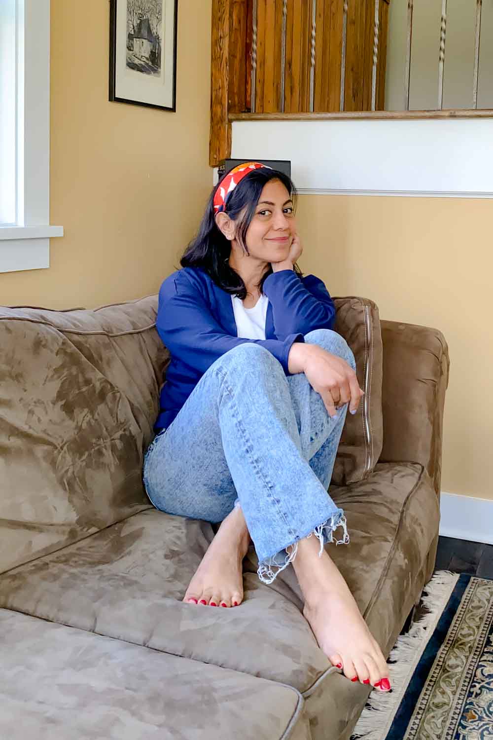 Fashionipa wearing red, white, and blue.