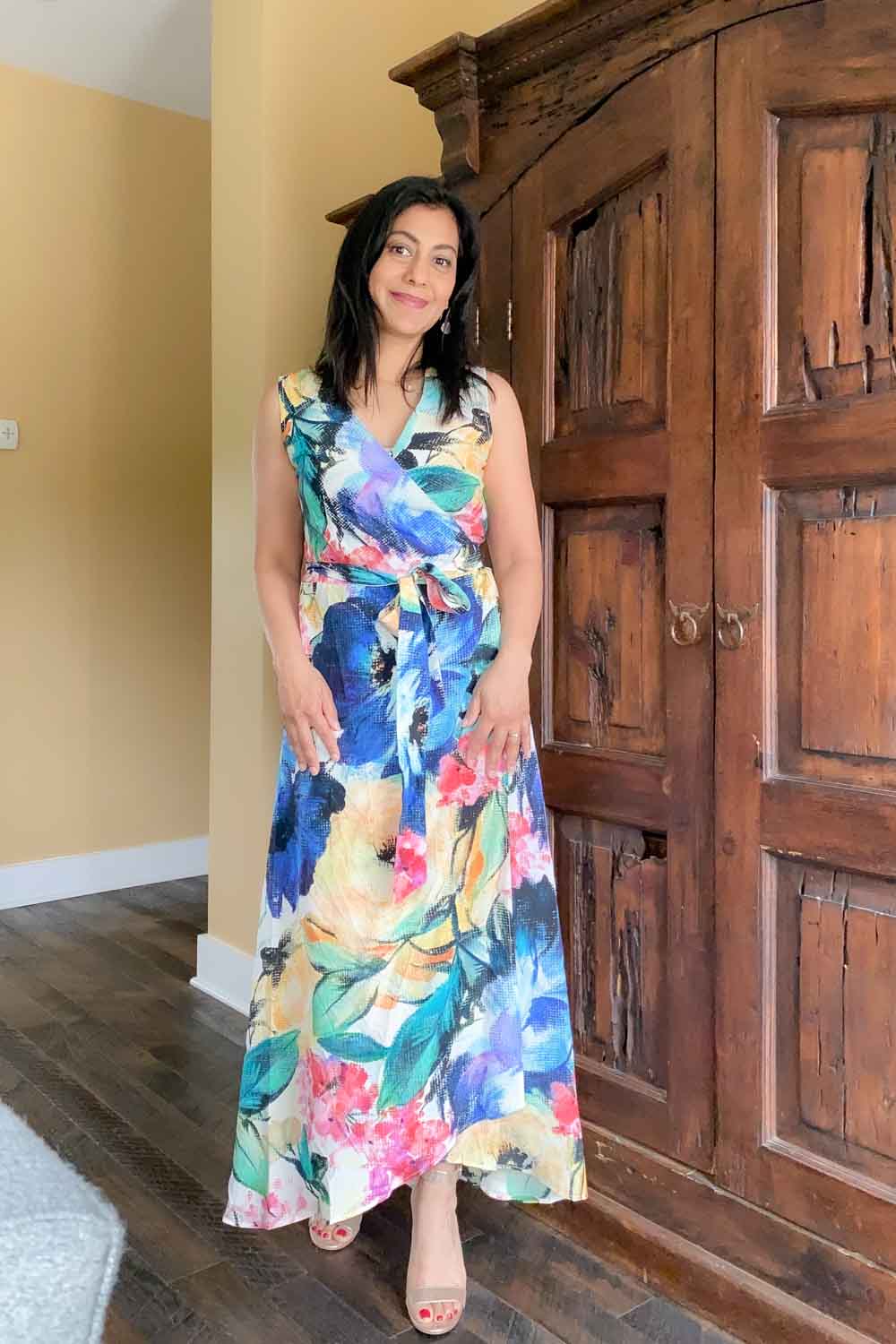 Fashionipa wearing a floral print wrap dresss