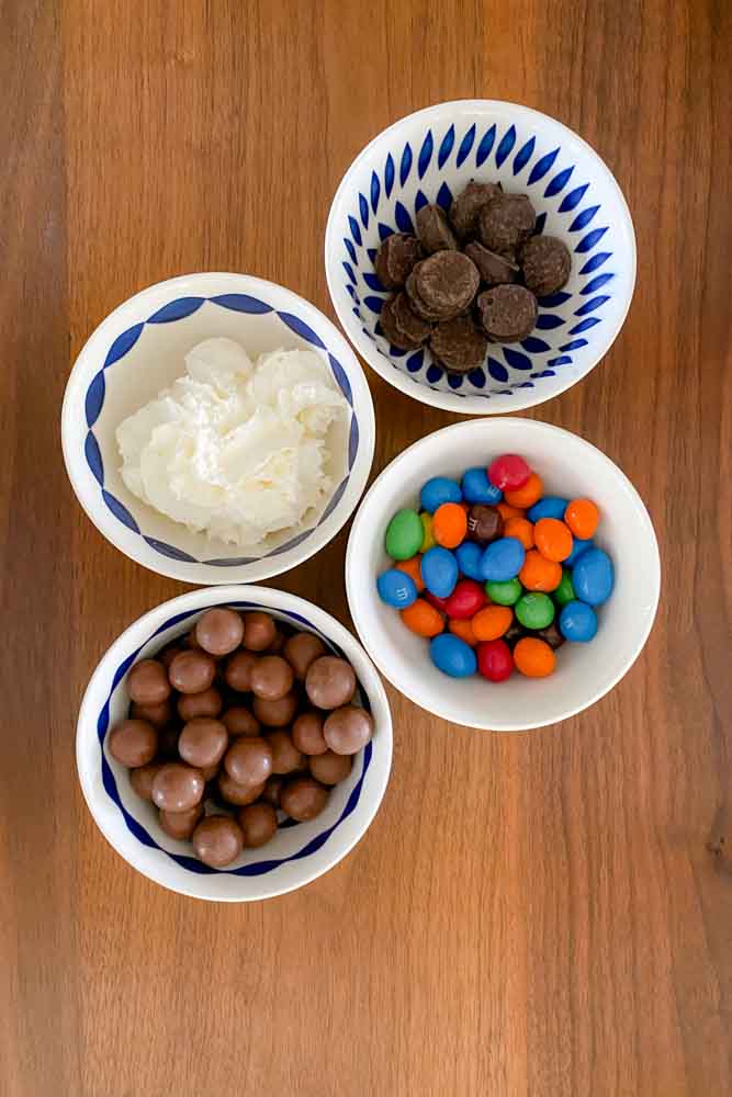 Bowls of sundae toppings - whipped cream, M&Ms, malt balls and peppermint patties