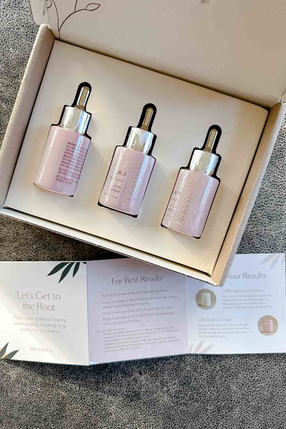 Image of Vegamour's GRO serum box set with the trifold information sheet.