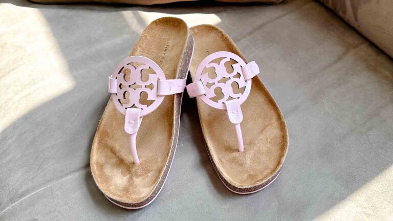 Tory Burch Miller Cloud Sandals in Petunia with the Double T Logo.