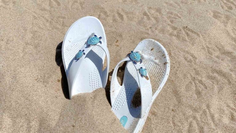 White flip flops with blue turtle charms, half-buried in sand.