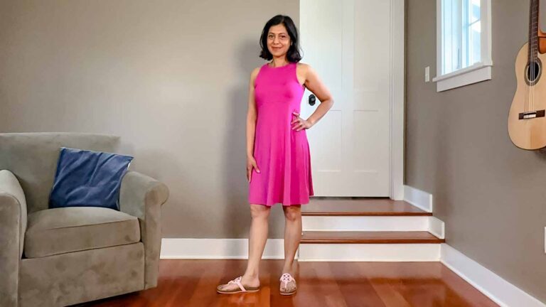 Fashionipa (Nipa) wearing the Athleta Santorini Thea Dress in pink with Tory Burch Miller Cloud Sandals