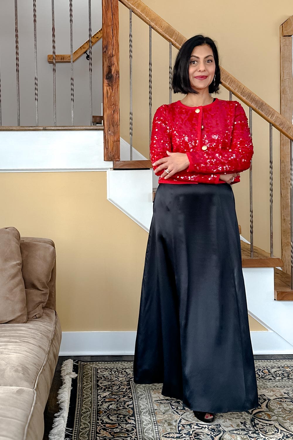 Fashionipa (Nipa) wearing a sequin jacket, and maxi dress.