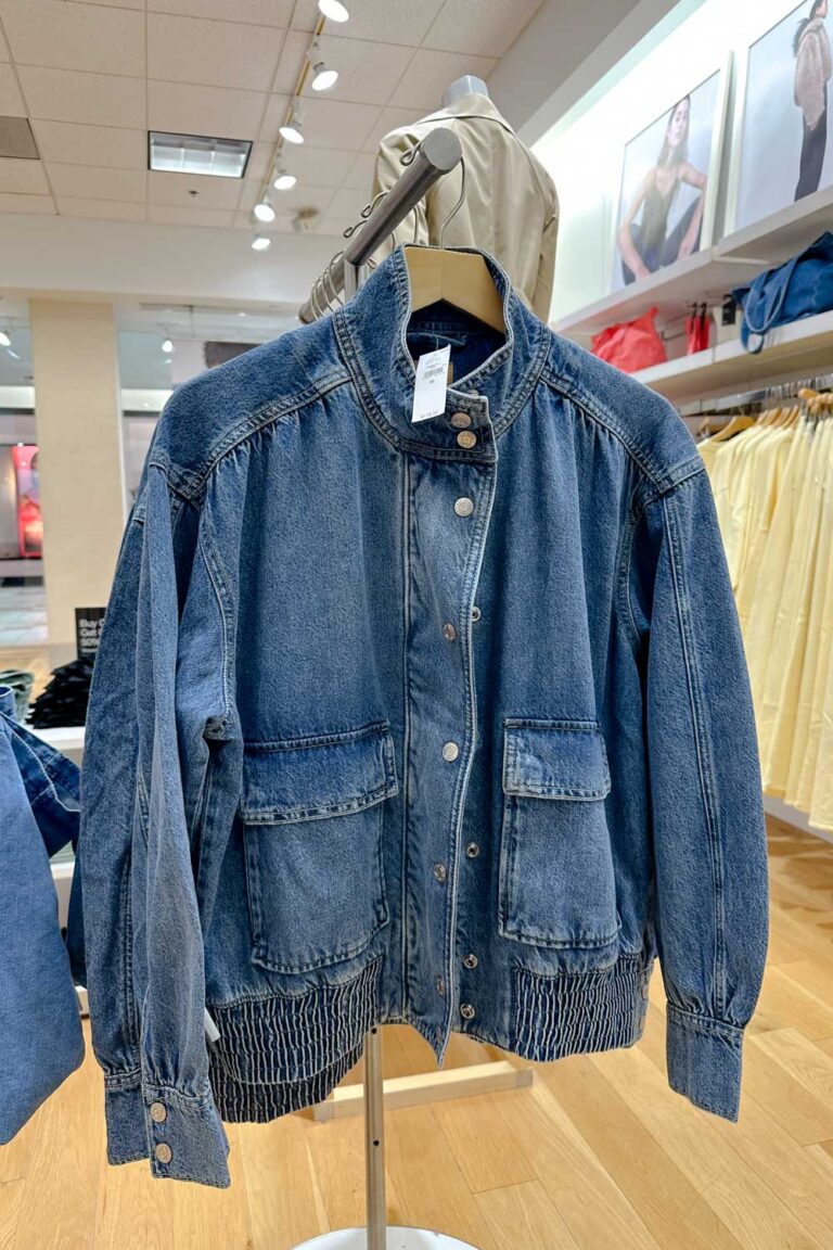 Image of a denim bomber jacket at the GAP