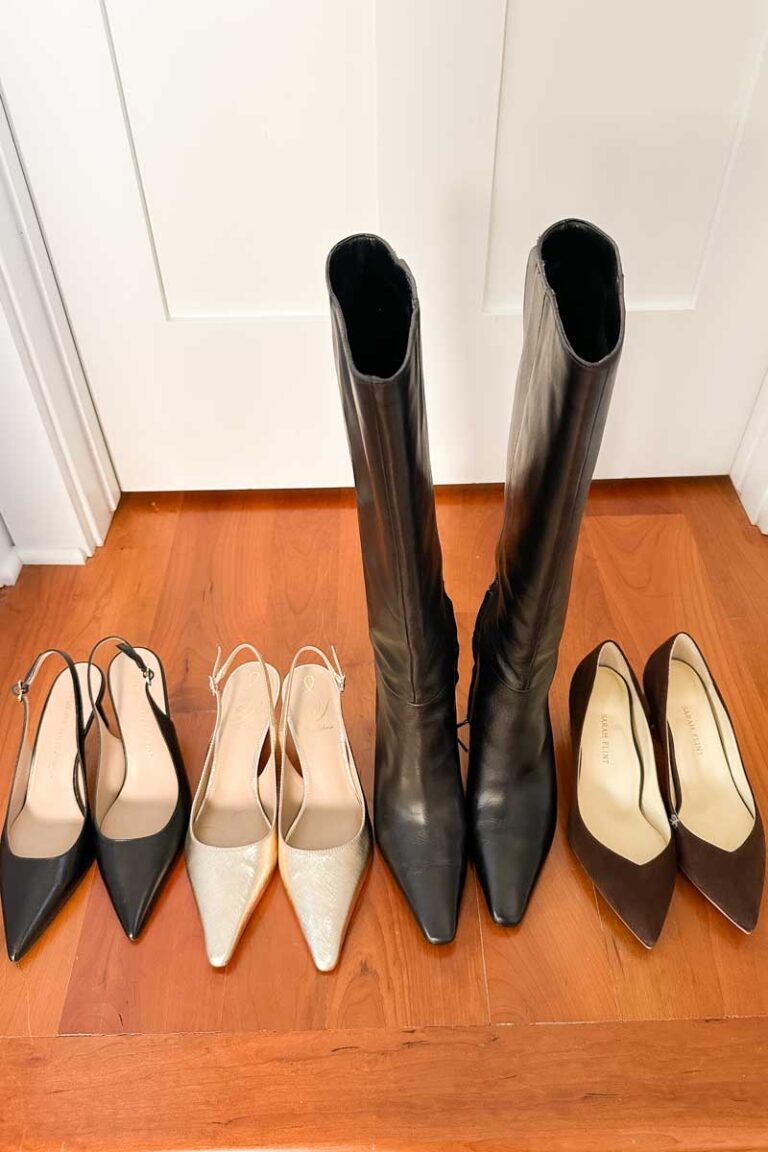 Sling-backs, tall boots and pumps in a row.