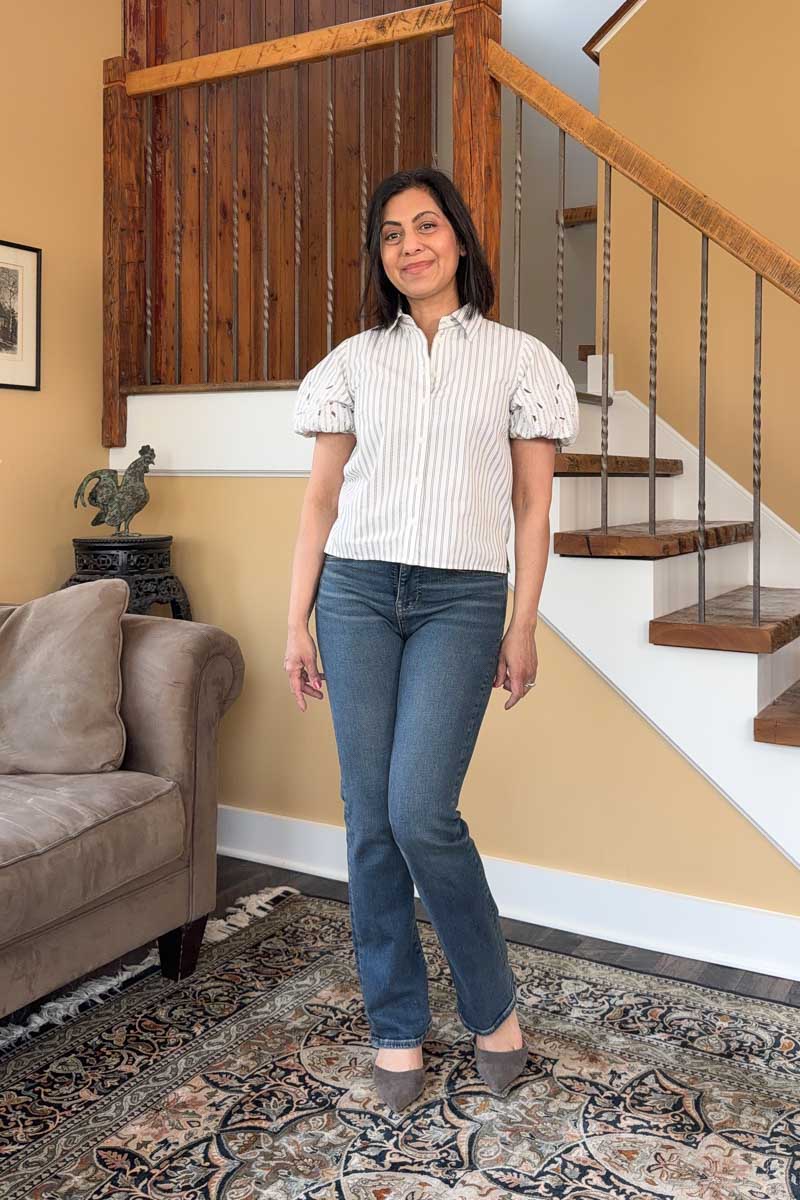 Fashionipa (nipa) wearing a striped cotton shirt with puff sleeves. 