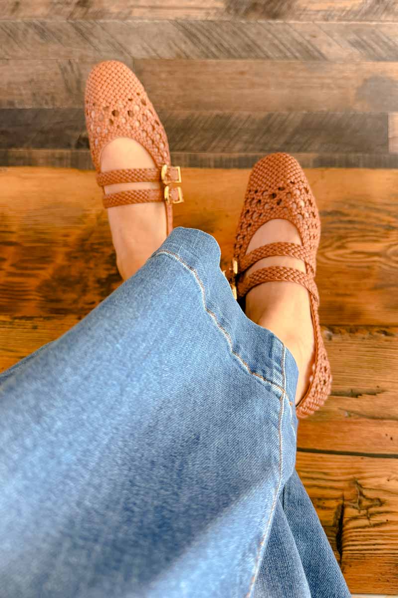Cognac open weave leather Mary Jane ballet flats...
