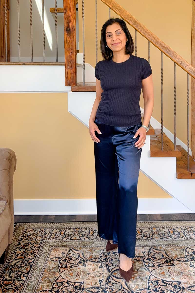 Fashionipa (Nipa0 wearing satin pants with a short sleeved sweater and heels.