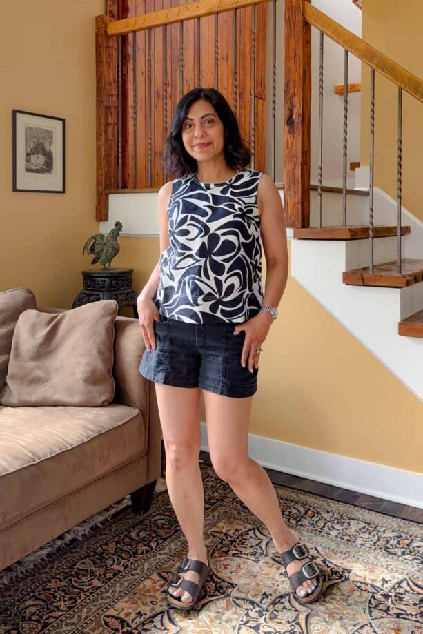 Fashionipa (Nipa) wearing an abstract print sleeveless top with balck shorts.